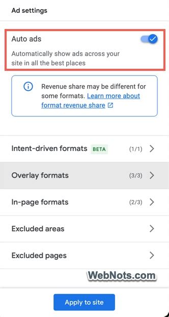 vignette ad|Auto ads settings .